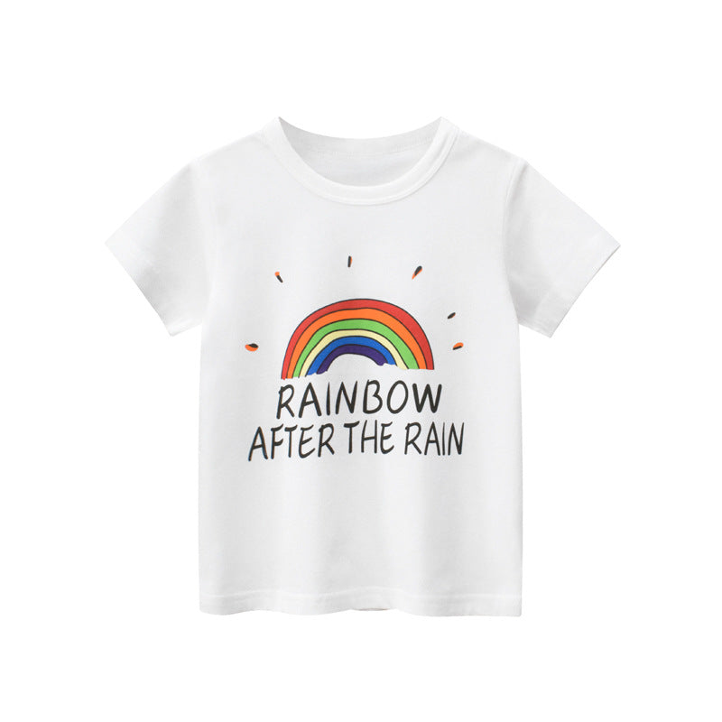Baby Rainbow Print Solid Color T-Shirt In Summer Wearing Outfit by MyKids-USA™