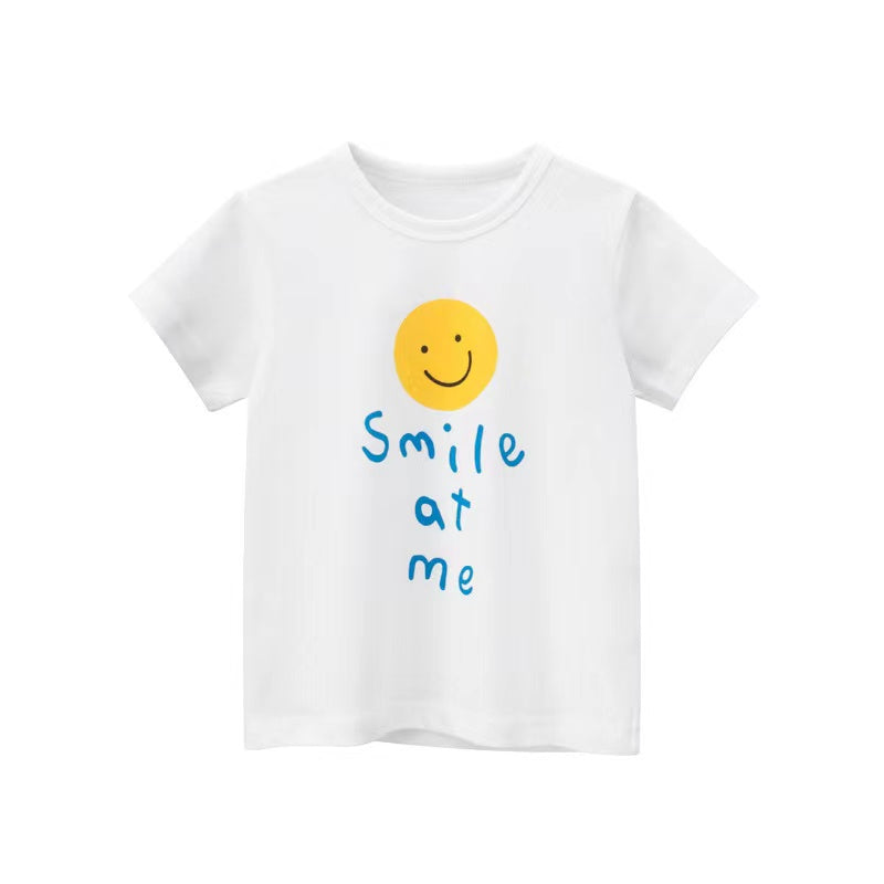 Baby Girls Smiling Face And Letters Print Round Neck Short Sleeved Tops In Summer by MyKids-USA™
