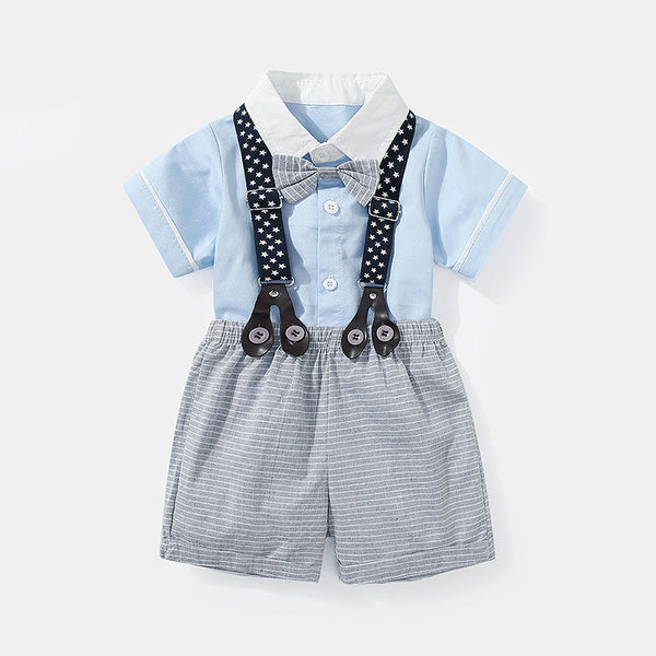 Baby Boy Solid Color Single Breasted Design Onesies With Bow Tie Combo Striped Overalls Shorts Sets by MyKids-USA™