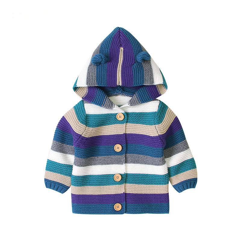 Baby Colorful Striped Pattern Button Front Knitted Cardigan With Hat by MyKids-USA™