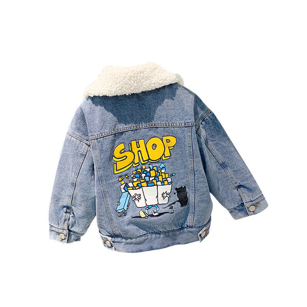 Baby Cartoon & Slogan Pattern Lapel Design Berber Fleece Denim Coat by MyKids-USA™