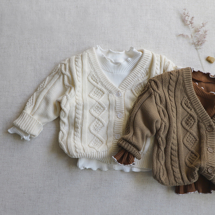 Baby Crochet Kint Pattern Solid Color V-Neck Single Breasted Cardigan by MyKids-USA™