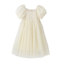 Girl Solid Color Puff Sleeves Mesh Dress by MyKids-USA™