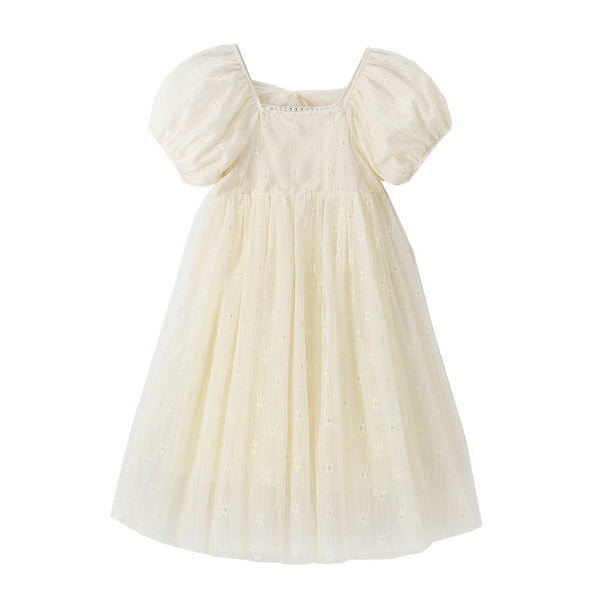 Girl Solid Color Puff Sleeves Mesh Dress by MyKids-USA™