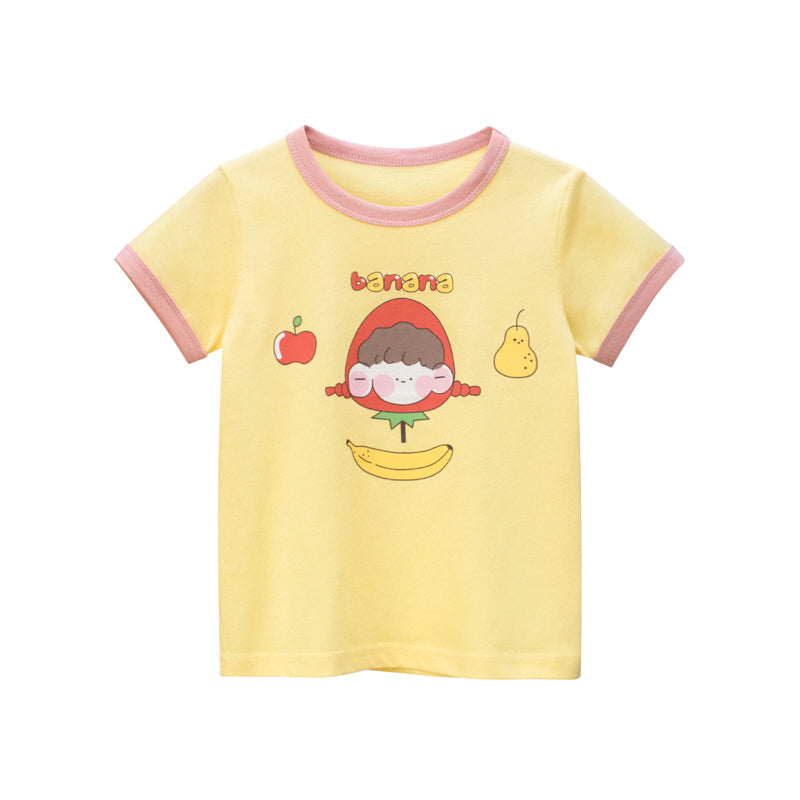 Girl Apple Banana Pear With Doll Print Round-Collar Short-Sleeved Shirt by MyKids-USA™