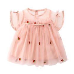 Baby Girl Strawberries Embroidered Mesh Overlay Design Bow Tie Patched Hundred Dress by MyKids-USA™