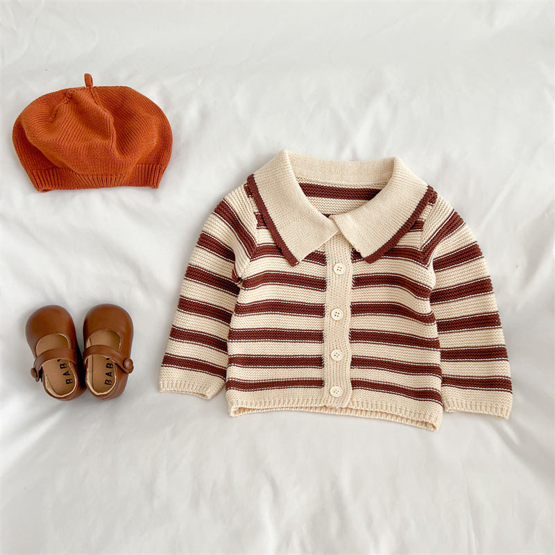 Baby Striped Pattern Lapel Knitted Cardigan With Pants Sets by MyKids-USA™