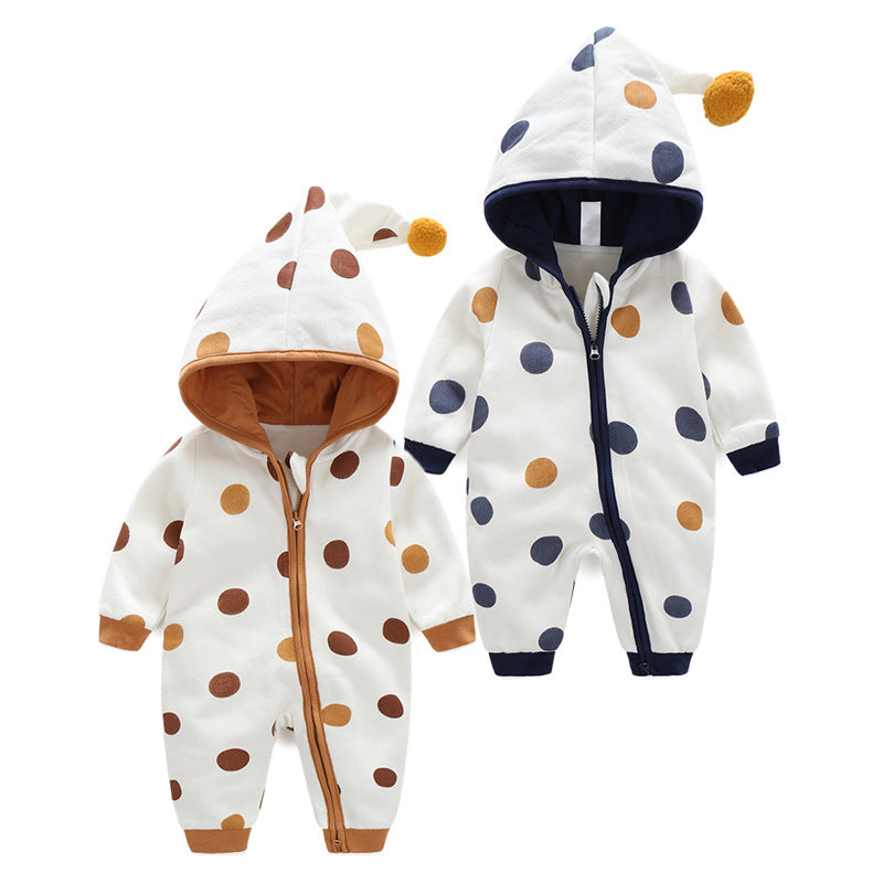 Baby Polka Dot Pattern Button Front Design Fleece Warm Rompers With Hat by MyKids-USA™