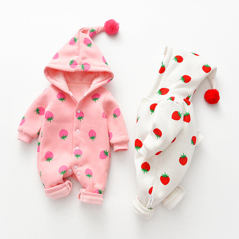 Baby Girl Strawberries Pattern Button Front Double Quilted Romper With Hat by MyKids-USA™