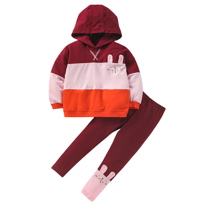 Baby Girl Rabbit Embroidered Graphic Colorblock Design Hoodie With Pant Sets by MyKids-USA™