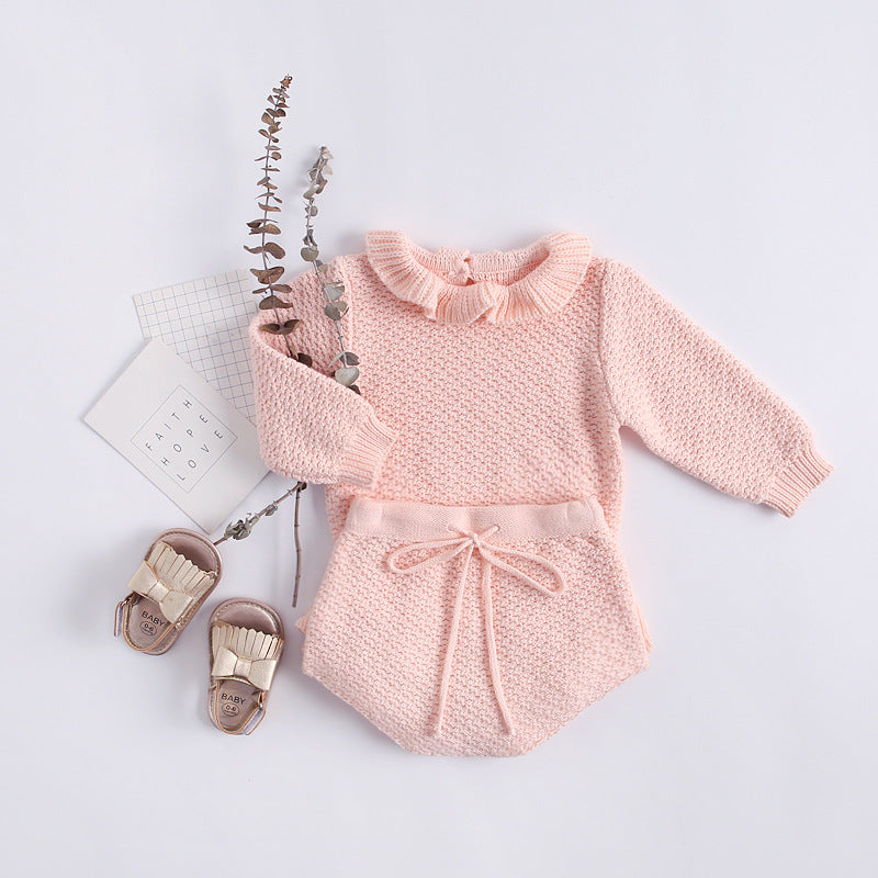 Baby Girl 1pcs Ruffle Neck Solid Shirts And Belted Triangle Shorts Fall Winter Knit Sets by MyKids-USA™