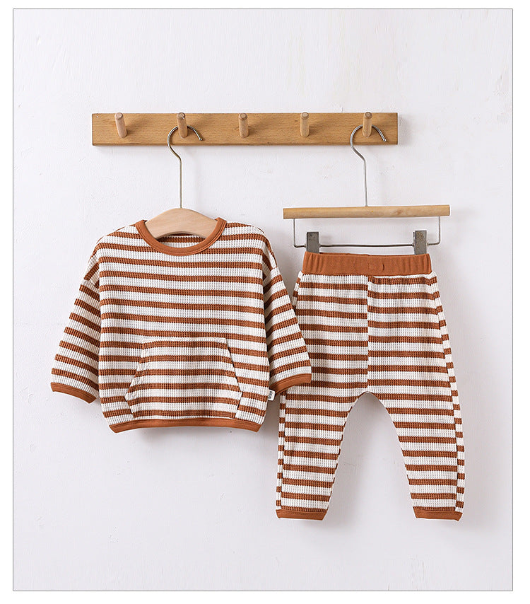 Baby Striped Pattern Or Solid Color Waffle Pocket Hoodie With Pants Sets by MyKids-USA™
