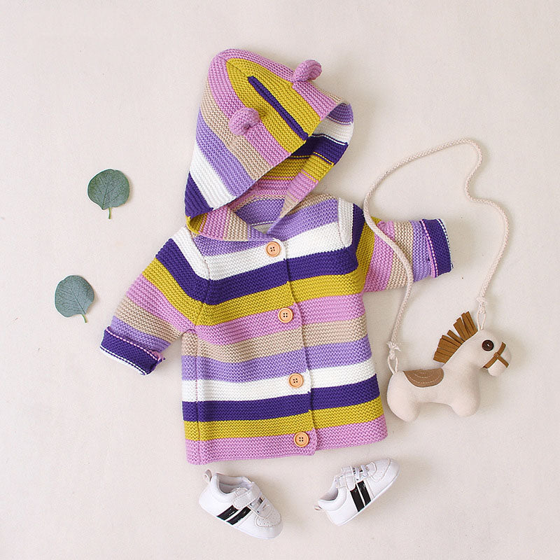 Baby Colorful Striped Pattern Button Front Knitted Cardigan With Hat by MyKids-USA™