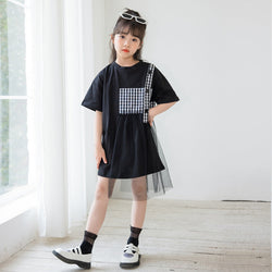 Black Plaid Patched Design Mesh Casual Dress by MyKids-USA™