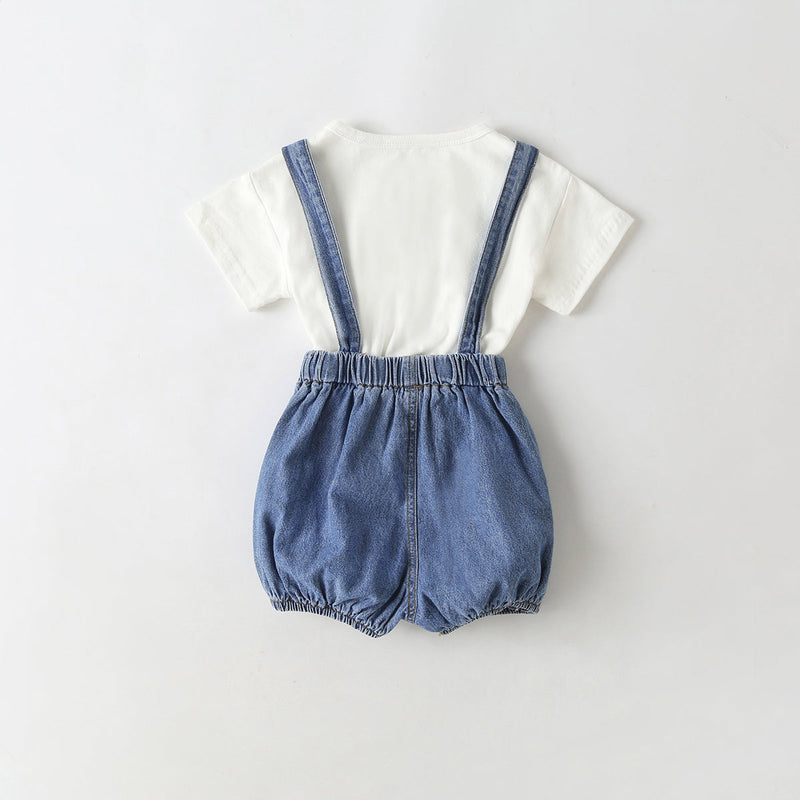 Baby Girl Solid Color Tee Combo Denim Strap Shorts 1-Piece Sets by MyKids-USA™