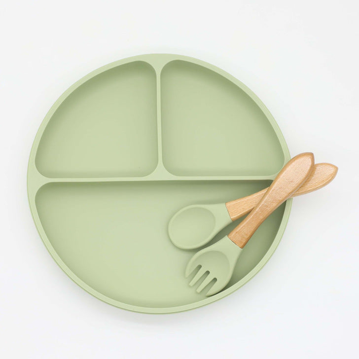 Baby Silicone Round Sucker Compartment Dinner Plate With Spoon Fork Sets by MyKids-USA™