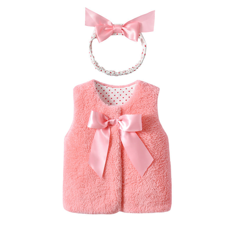 Baby Girl 1pcs Bow Tie Patched Design Sleeveless Coral Fleece Outing Coat by MyKids-USA™