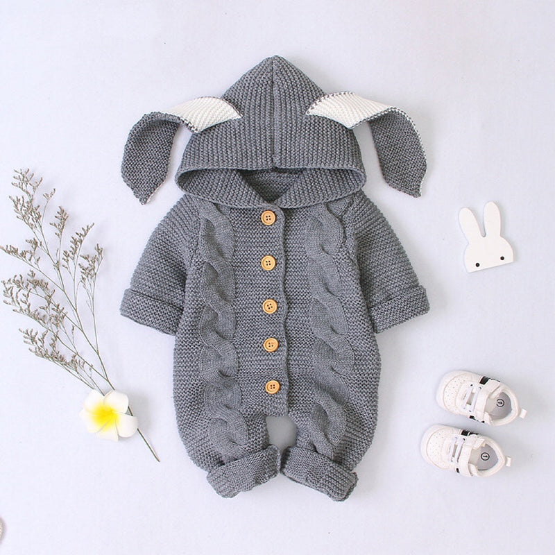 Baby Solid Color Crochet Knitted Graphic 3D Bunny Ears Patched Design Romper Jumpsuit by MyKids-USA™