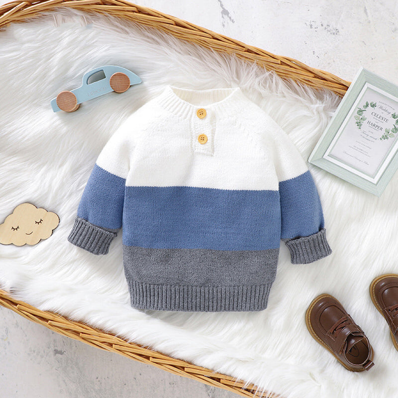 Baby Boy Color block Pattern Quarter Button Design Pullover Crewneck Knitwear Sweater by MyKids-USA™