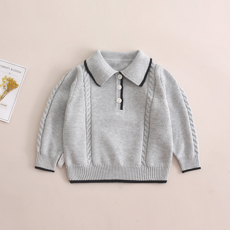 Baby Boy Solid Color Quarter Button Design Polo Neck College Style Pullover Sweater by MyKids-USA™