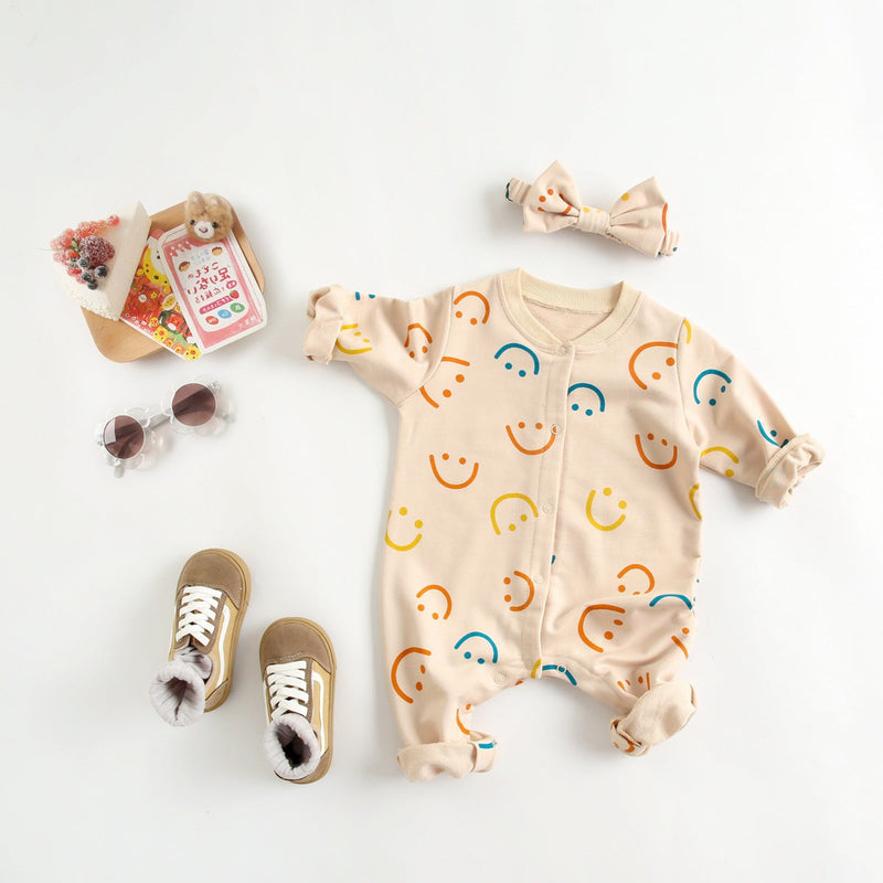 Baby Girl Smiley Print Pattern Single Breasted Design Long-Sleeve Rompers With Covered Buttton by MyKids-USA™