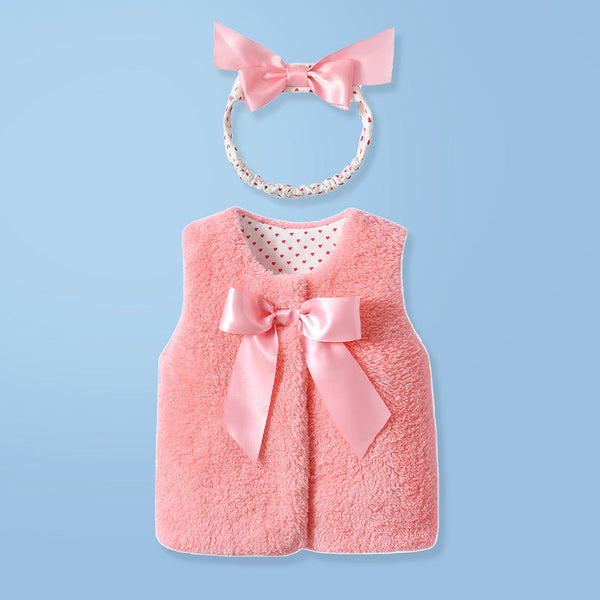 Baby Girl 1pcs Bow Tie Patched Design Sleeveless Coral Fleece Outing Coat by MyKids-USA™