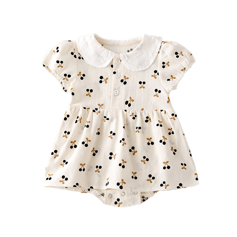Baby Girls Cherry Print Doll Collar Design Neck Buttoned Puff-Sleeved Dress Onesies by MyKids-USA™