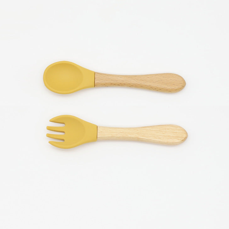 Baby Food Grade Wooden Handles Silicone Spoon Fork Cutlery by MyKids-USA™
