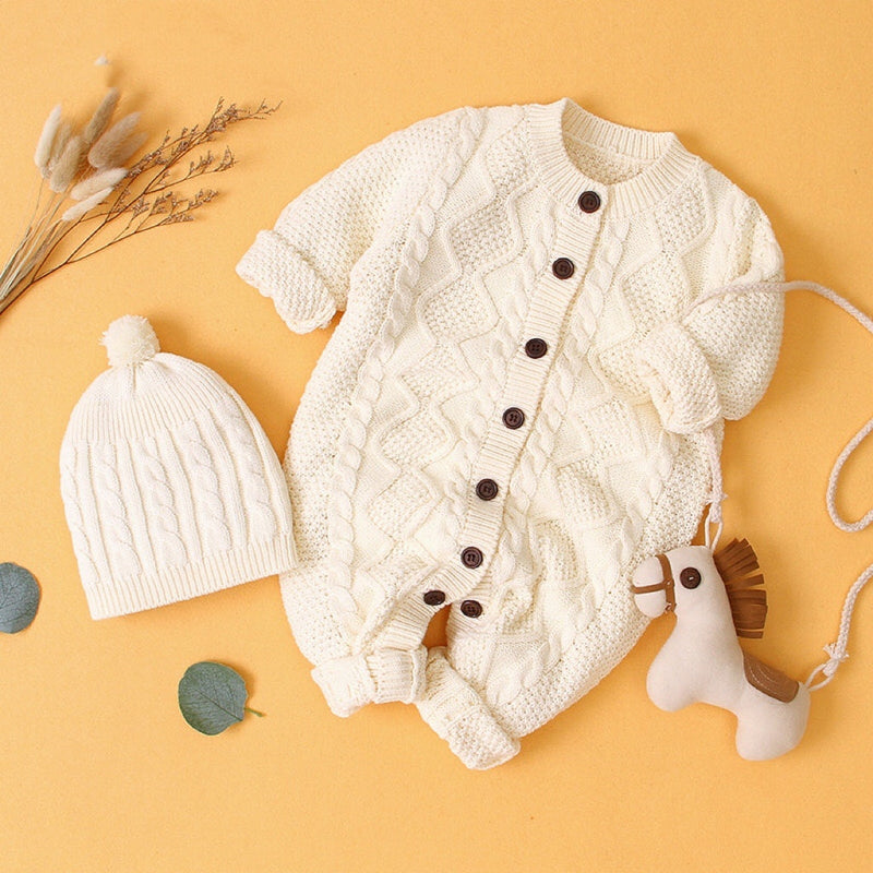 Baby Baby Cable Knitted Pattern Button Front Design Long Sleeve Warm Rompers & Hat by MyKids-USA™