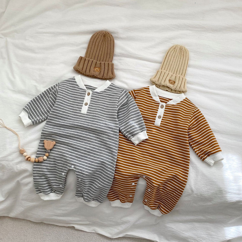 Baby Striped Pattern Quarter Button Design Quality Autumn Romper by MyKids-USA™