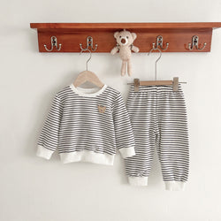 Baby Unisex Striped Pattern Bear Patched Hoodies Combo Pants Sets by MyKids-USA™
